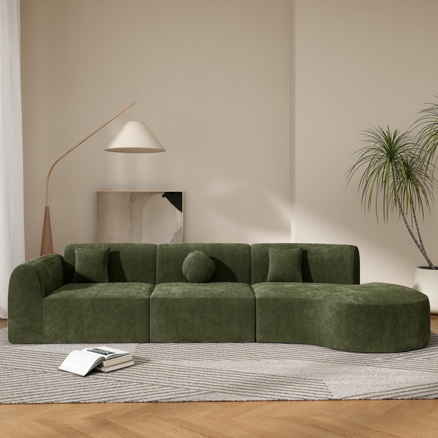 Merax 140" Curved Sectional Sofa 7-Seat | Modern Cloud Couch with Chaise Lounge Green Fully Assembled
