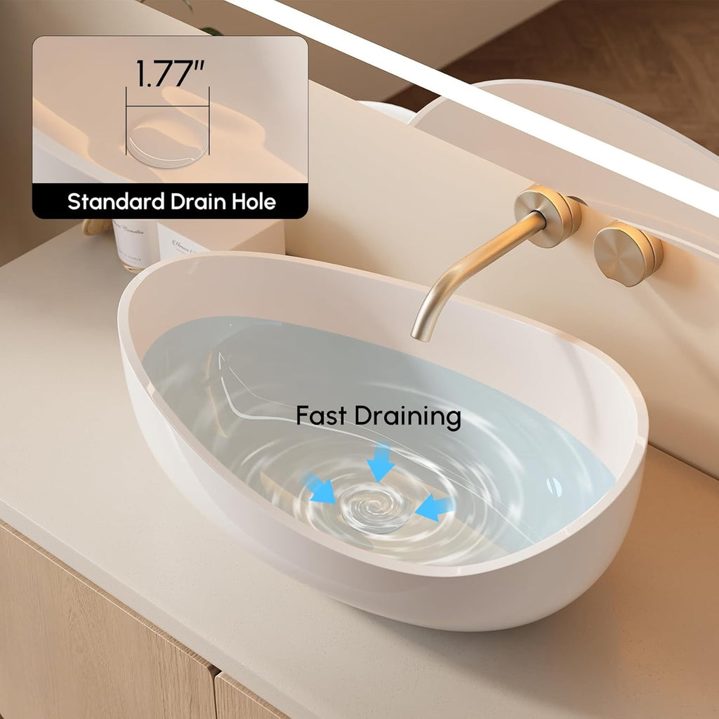 22.44” Oval Stone Resin Vessel Sink | Glossy White Modern Countertop Bathroom Basin with Pop-Up Drain