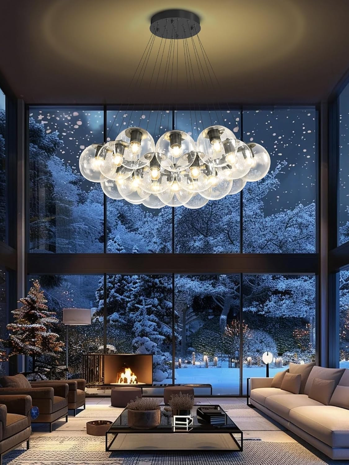 Modern 19-Light Bubble Chandelier – Black Glass Globe Pendant Lighting for Living Room, Dining Room & Entryway