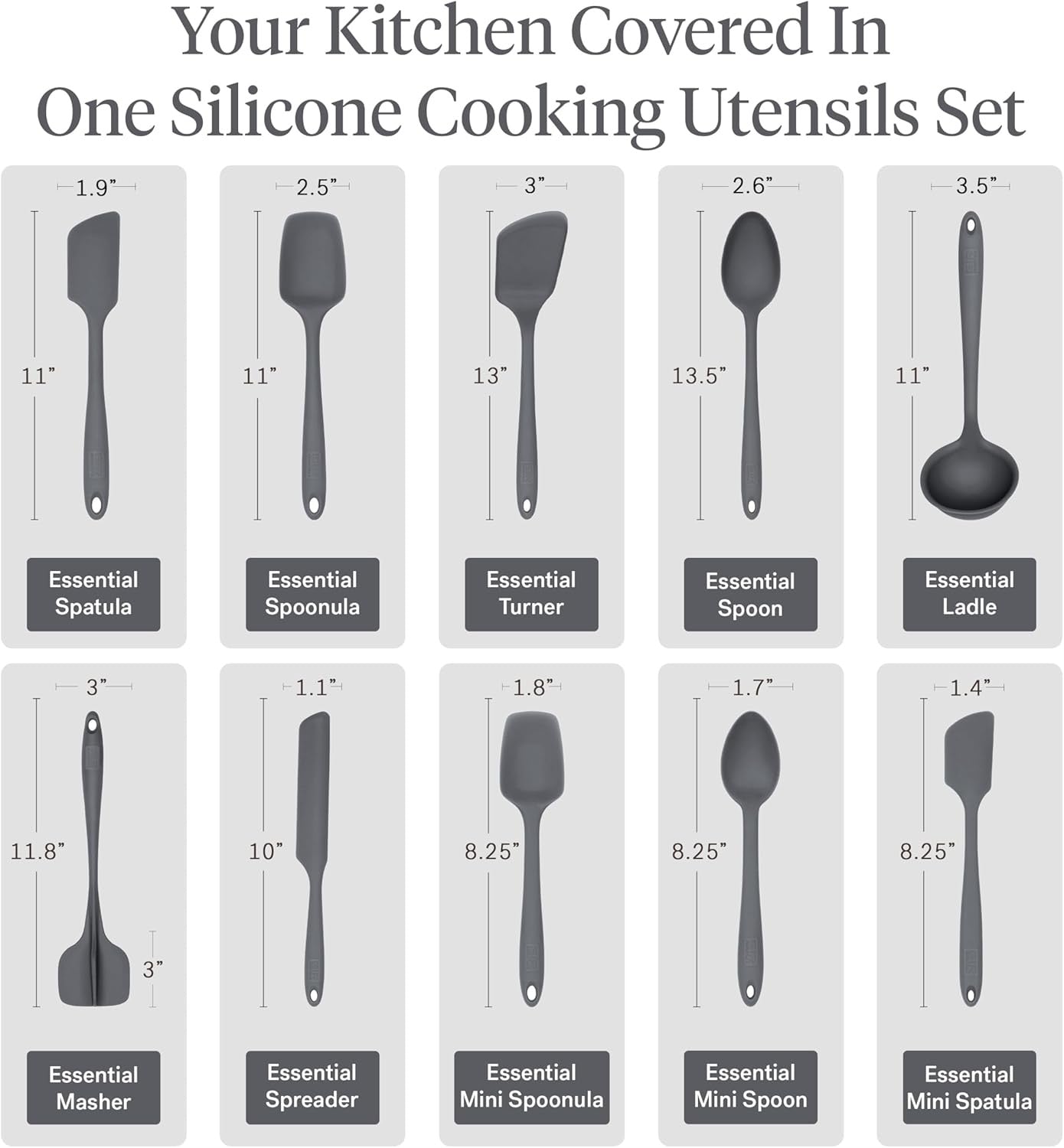 GIR Get It Right 10 Piece Silicone Utensil Set Charcoal Non Toxic Heat Resistant Nonstick Safe Kitchen Tools