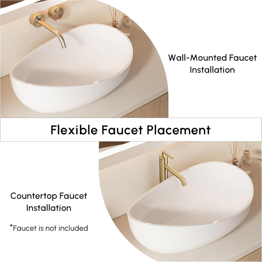 22.44” Oval Stone Resin Vessel Sink | Glossy White Modern Countertop Bathroom Basin with Pop-Up Drain