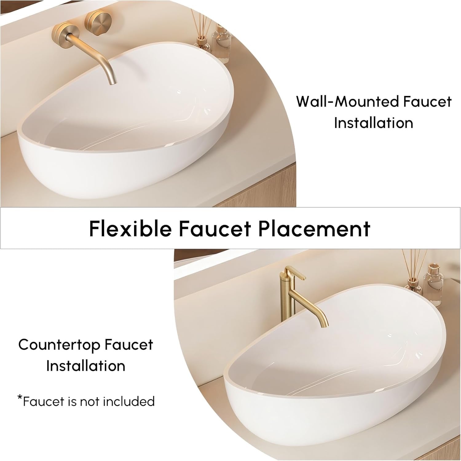 22.44” Oval Stone Resin Vessel Sink | Glossy White Modern Countertop Bathroom Basin with Pop-Up Drain