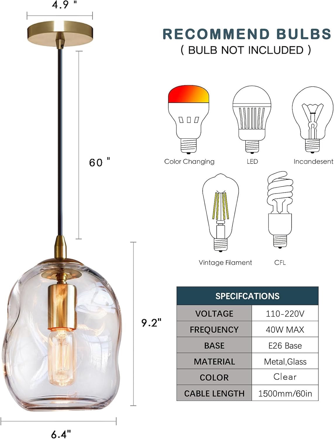 CASAMOTION Glass Globe Pendant Lights (Set of 2) | Modern Brass Kitchen Island Lighting