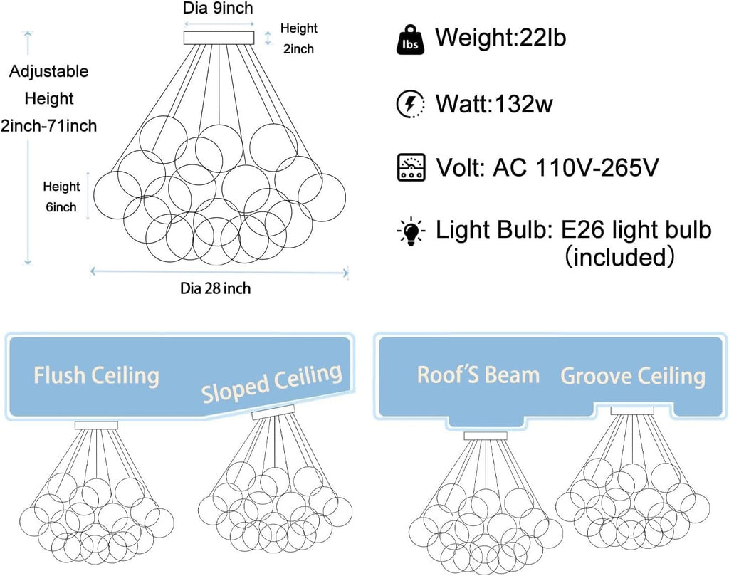 Modern 19-Light Bubble Chandelier – Black Glass Globe Pendant Lighting for Living Room, Dining Room & Entryway
