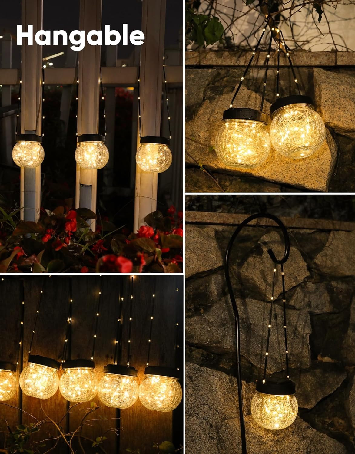 Solar Lanterns Outdoor Waterproof Lights (6-Pack) | Solar Powered Hanging Cracked Glass Globes for Garden, Tree & Holiday Decor
