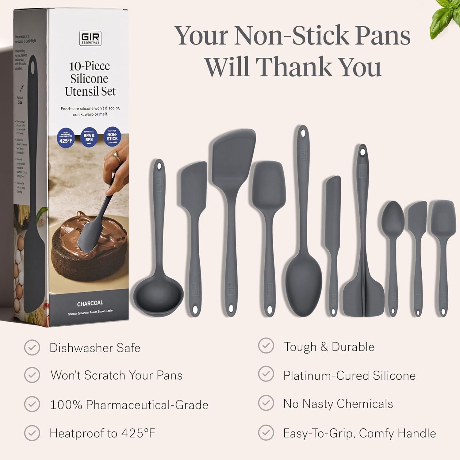 GIR Get It Right 10 Piece Silicone Utensil Set Charcoal Non Toxic Heat Resistant Nonstick Safe Kitchen Tools