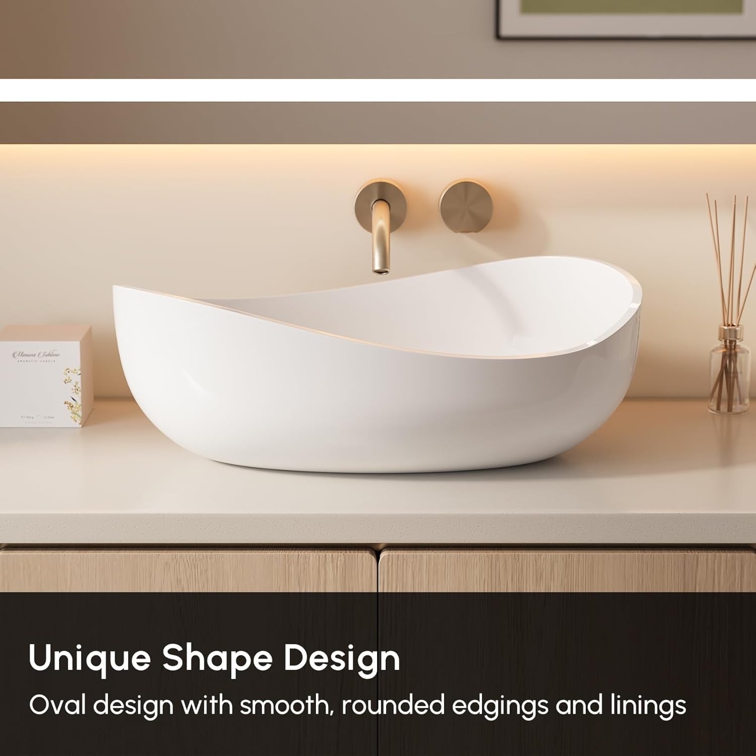 22.44” Oval Stone Resin Vessel Sink | Glossy White Modern Countertop Bathroom Basin with Pop-Up Drain