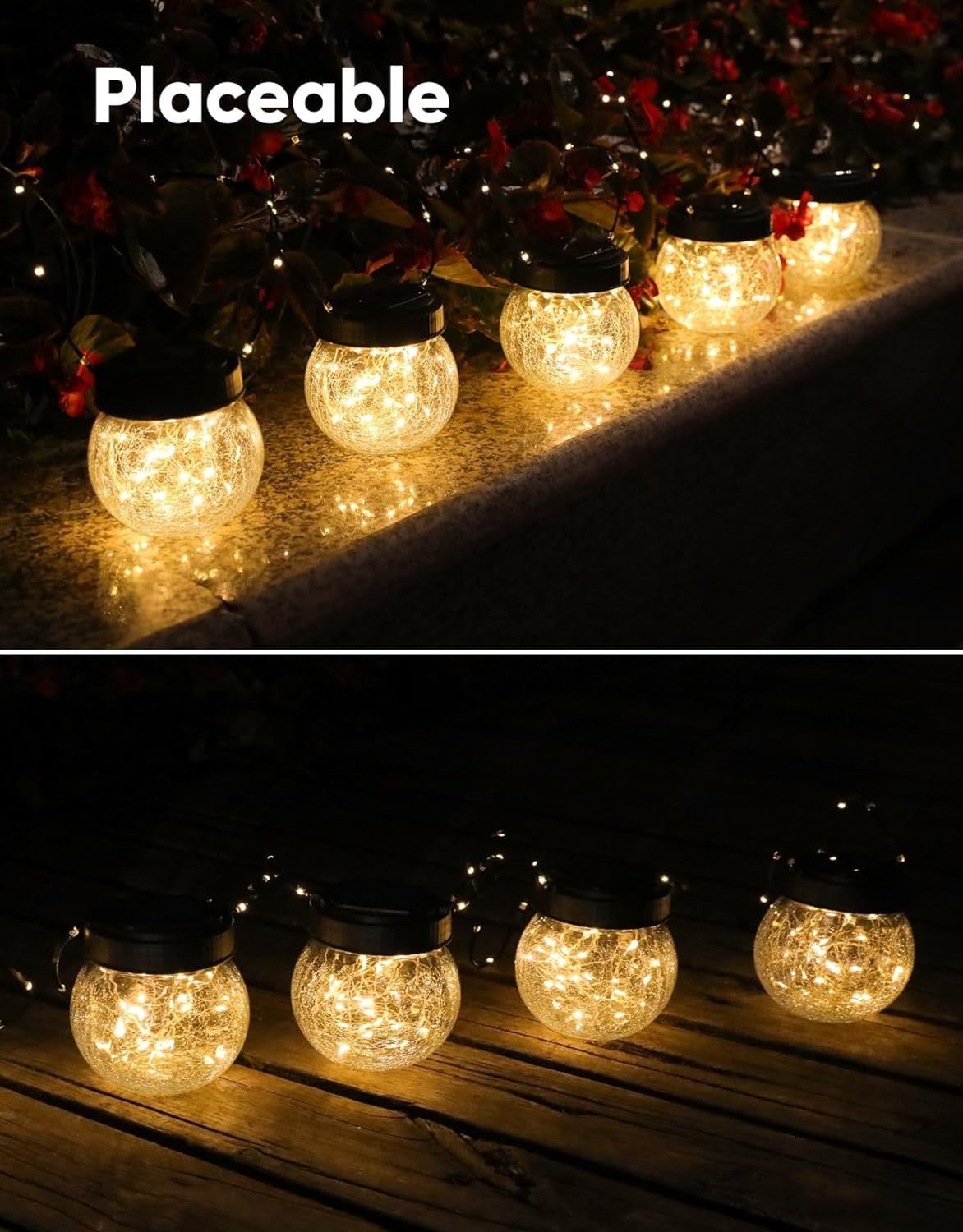 Solar Lanterns Outdoor Waterproof Lights (6-Pack) | Solar Powered Hanging Cracked Glass Globes for Garden, Tree & Holiday Decor