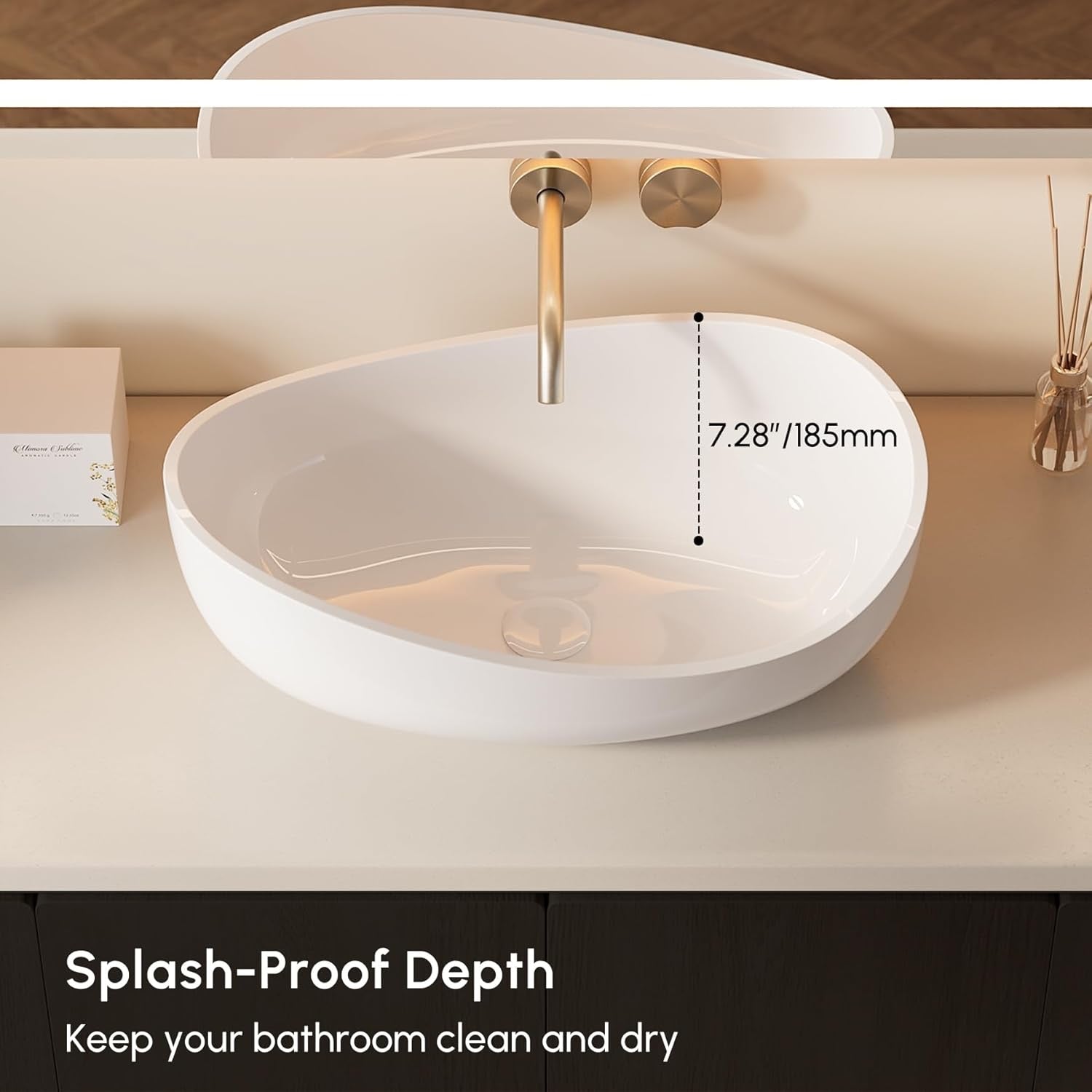 22.44” Oval Stone Resin Vessel Sink | Glossy White Modern Countertop Bathroom Basin with Pop-Up Drain