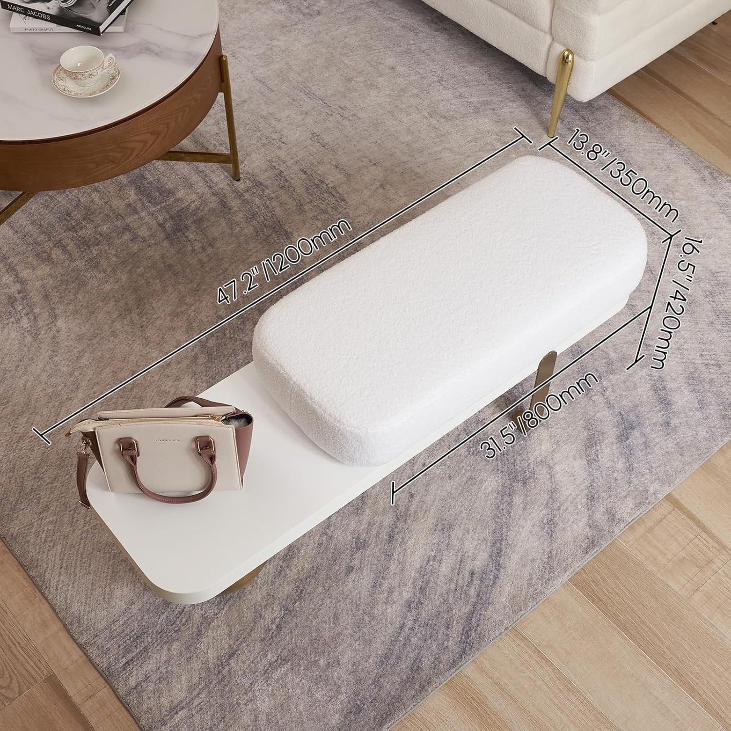 Homary Modern Boucle Entryway Bench – Upholstered Wooden Bench with Abstract Metal Legs