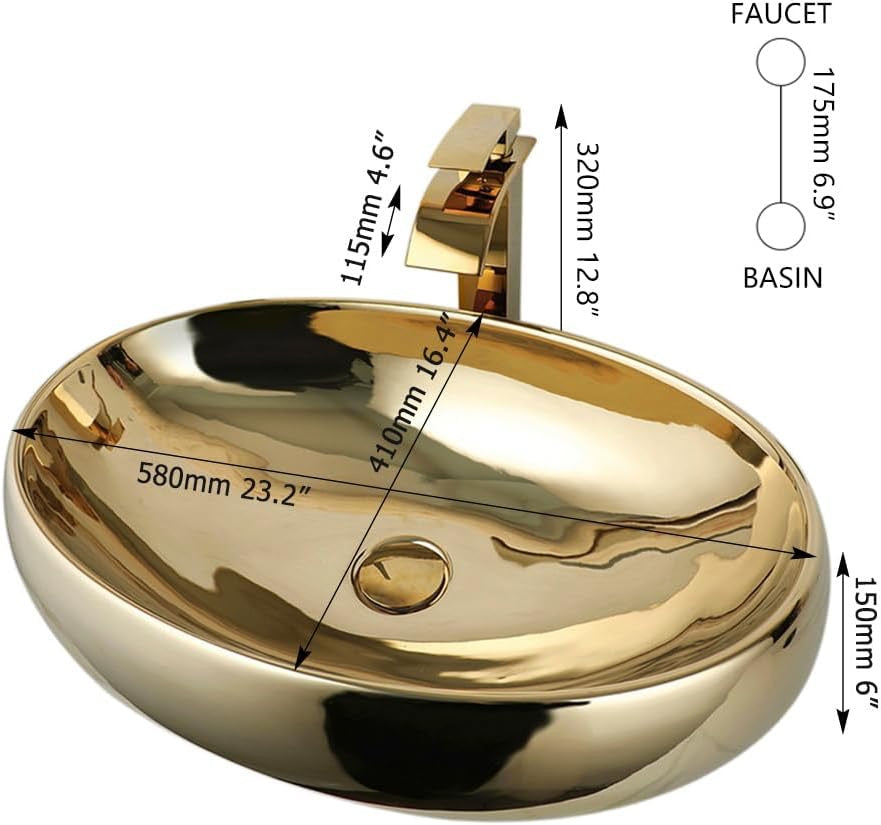 23 Inch Gold Ceramic Vessel Sink with Waterfall Faucet | Oval Above Counter Bathroom Sink with Pop-Up Drain