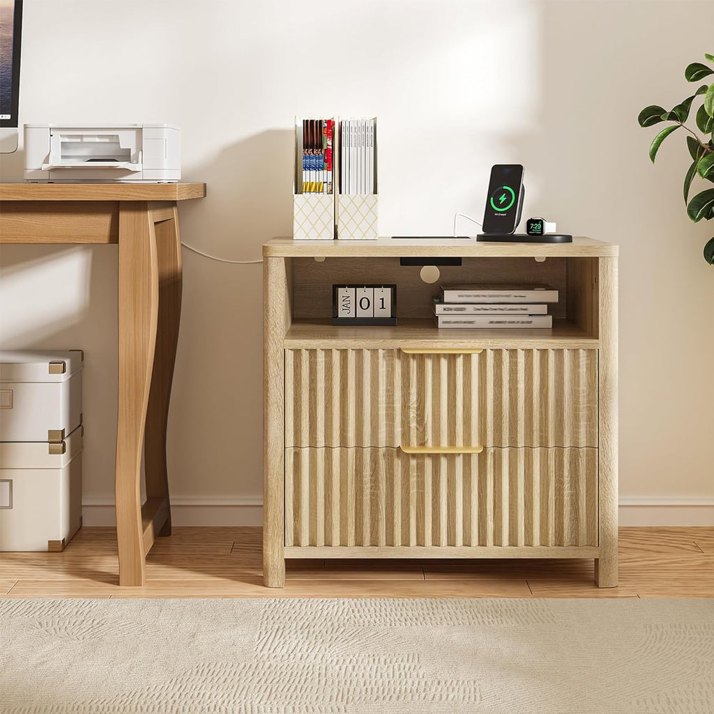 CypBed Fluted Nightstand Set of 2 | Walnut Mid-Century Bedside Tables with Charging Station