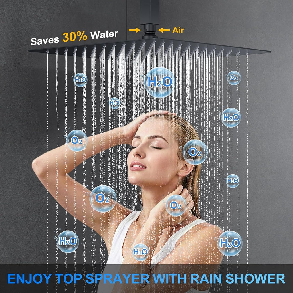 12" Ceiling Mount Rainfall Shower System Matte Black | Dual Shower Heads with Handheld & Push Button Diverter Faucet Kit
