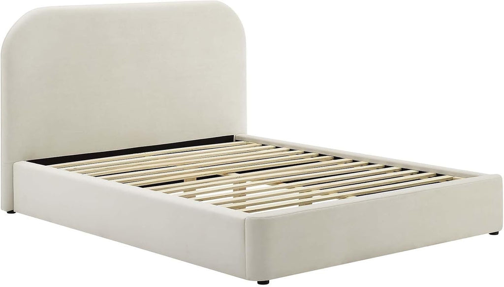 Modway Keynote King Upholstered Platform Bed | Curved Low-Profile Alabaster Velvet Cloud Frame
