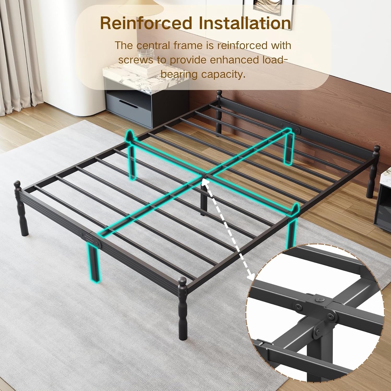 COMASACH Heavy Duty King Platform Bed Frame | Metal Frame with Storage & Mattress Stopper – Black