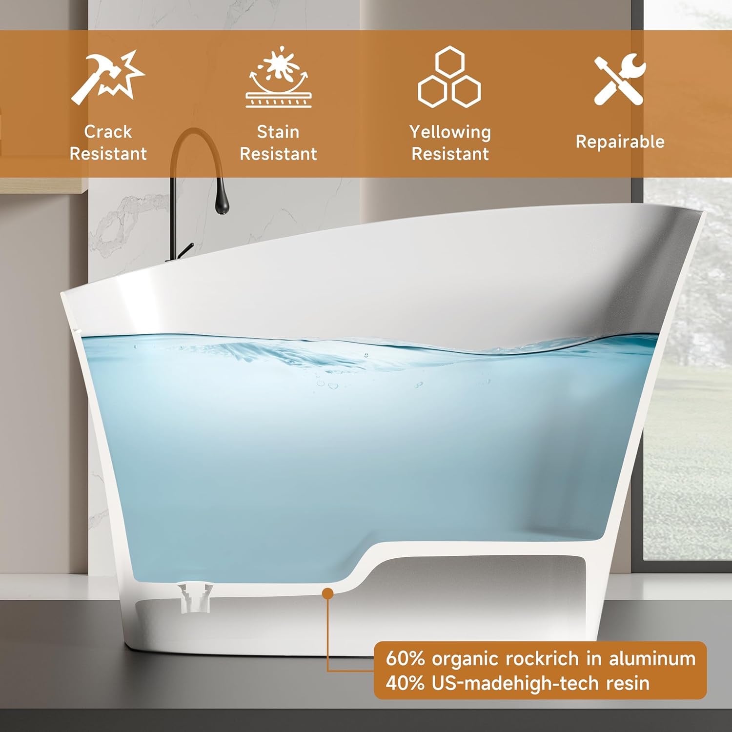 51-Inch Japanese Soaking Tub – Freestanding Stone Resin Deep Soaking Bathtub with Built-In Seat