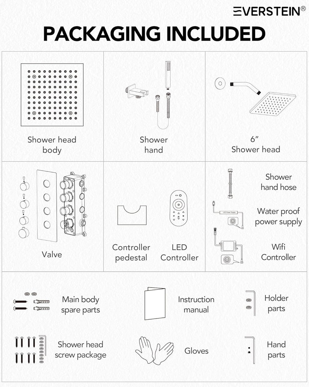 12” Ceiling Mount LED Rainfall Shower System | Matte Black Dual Shower Head with 64-Color Mood Lighting