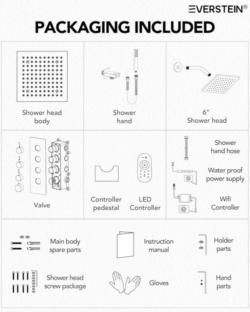 12” Ceiling Mount LED Rainfall Shower System | Matte Black Dual Shower Head with 64-Color Mood Lighting
