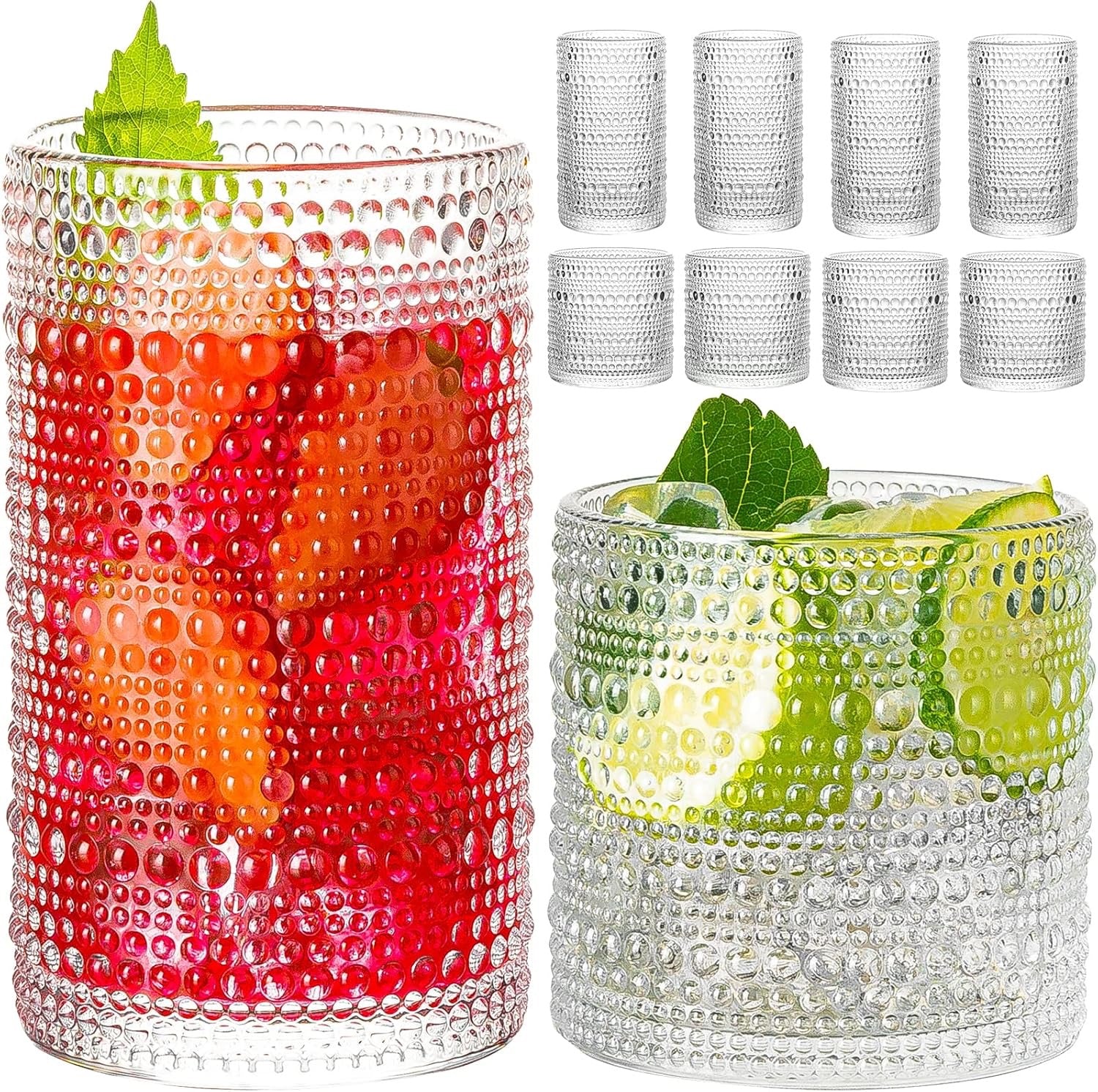 Hobnail Drinking Glasses Set (8-Piece) | Embossed 12oz Highball & Rocks Cocktail Glassware