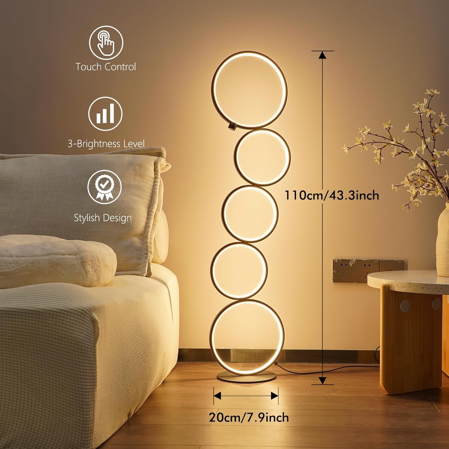 NUÜR 5-Ring LED Floor Lamp | Modern Sculptural Dimmable Circle Standing Lamp (43”)