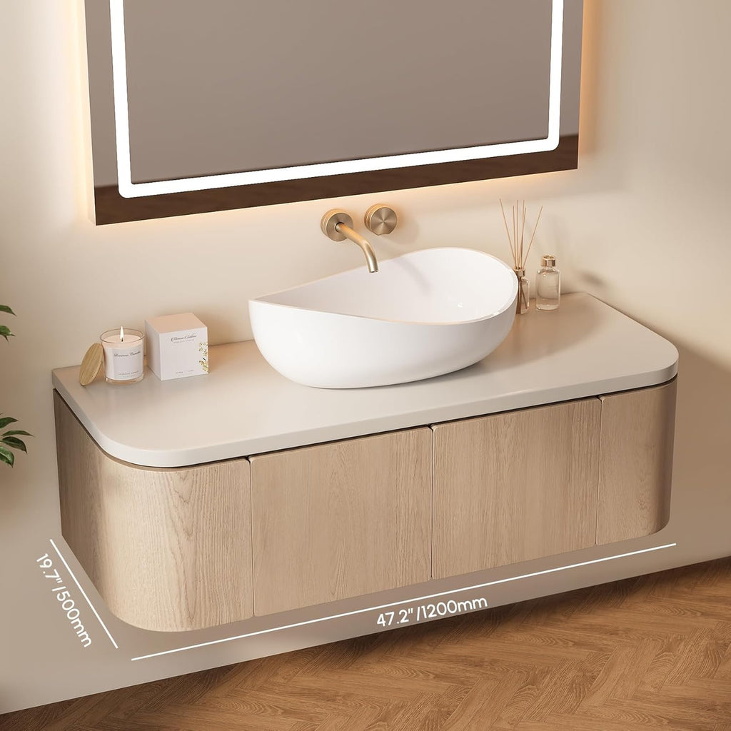 22.44” Oval Stone Resin Vessel Sink | Glossy White Modern Countertop Bathroom Basin with Pop-Up Drain