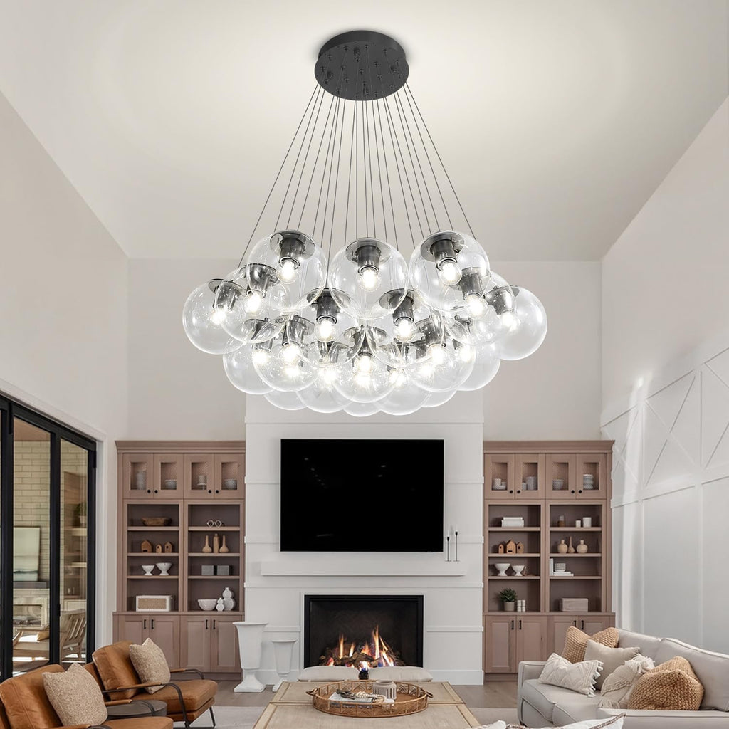 Modern 19-Light Bubble Chandelier – Black Glass Globe Pendant Lighting for Living Room, Dining Room & Entryway