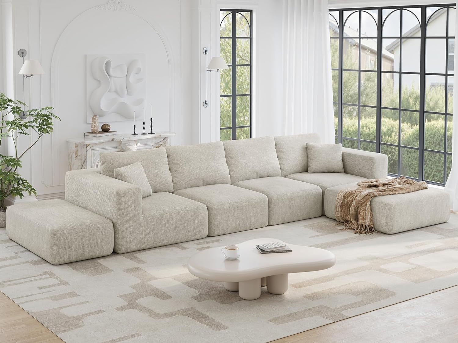 CUGOAO 152" Boneless Modular Sectional Sofa Bed | Oversized Cloud Couch Beige Chenille No Assembly