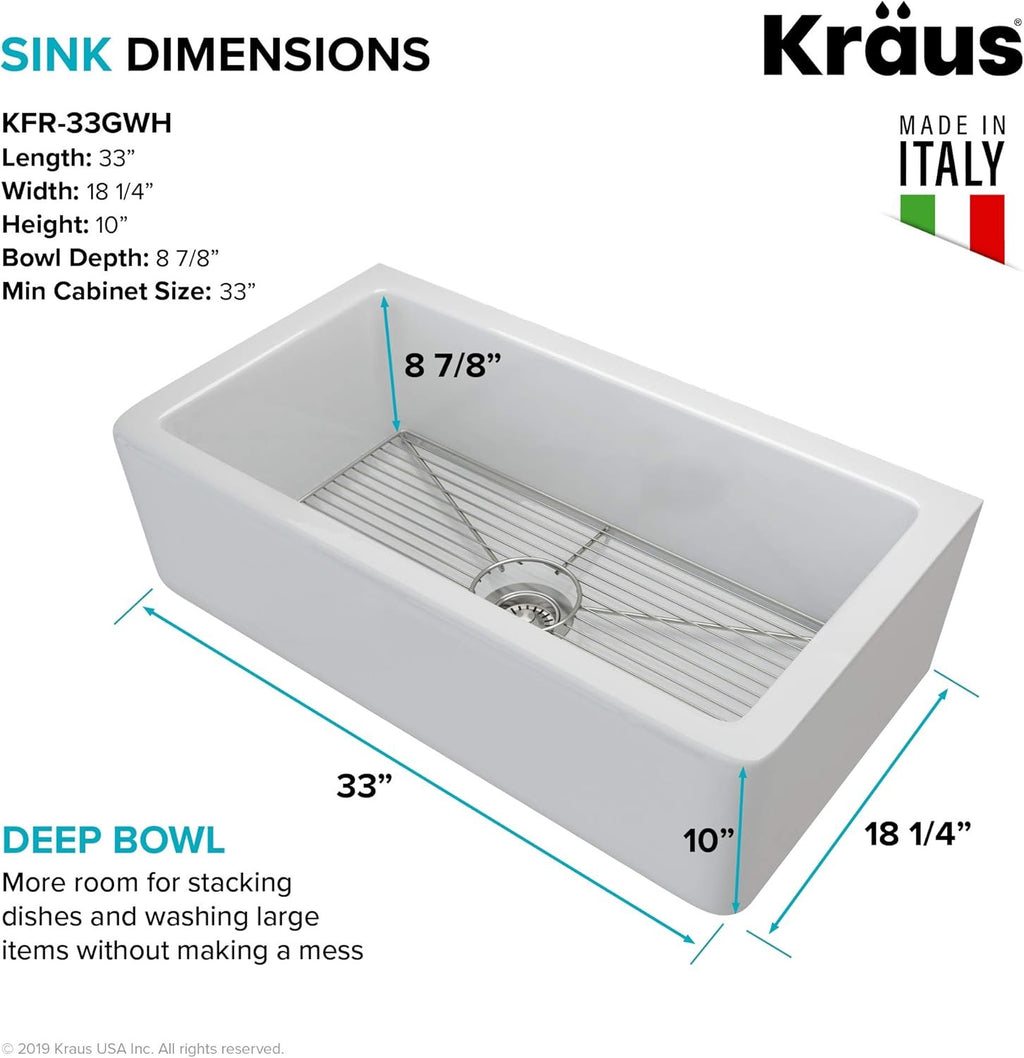 KRAUS Turino 33” Fireclay Farmhouse Kitchen Sink | Reversible Apron Front Single Bowl (Gloss White)