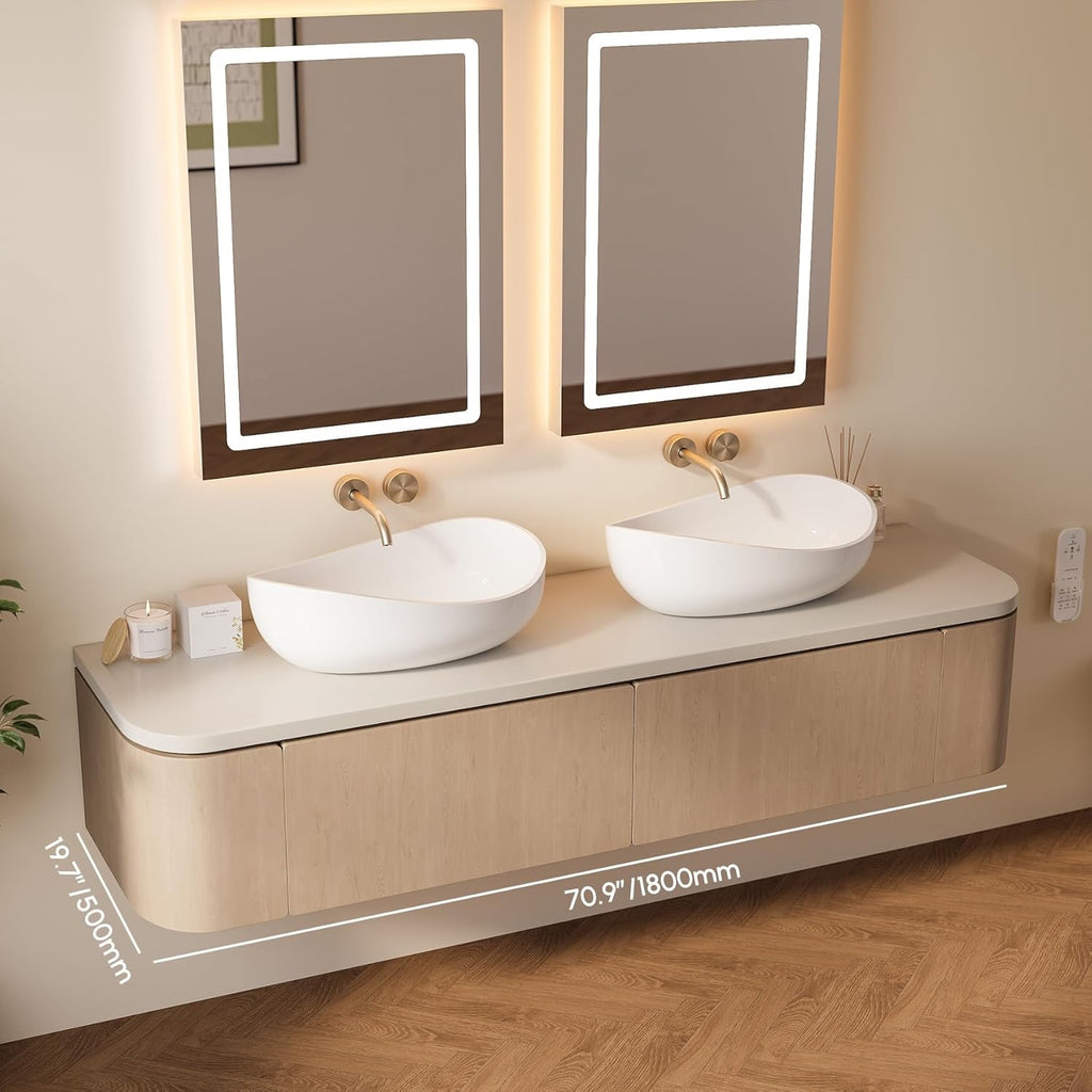 22.44” Oval Stone Resin Vessel Sink | Glossy White Modern Countertop Bathroom Basin with Pop-Up Drain