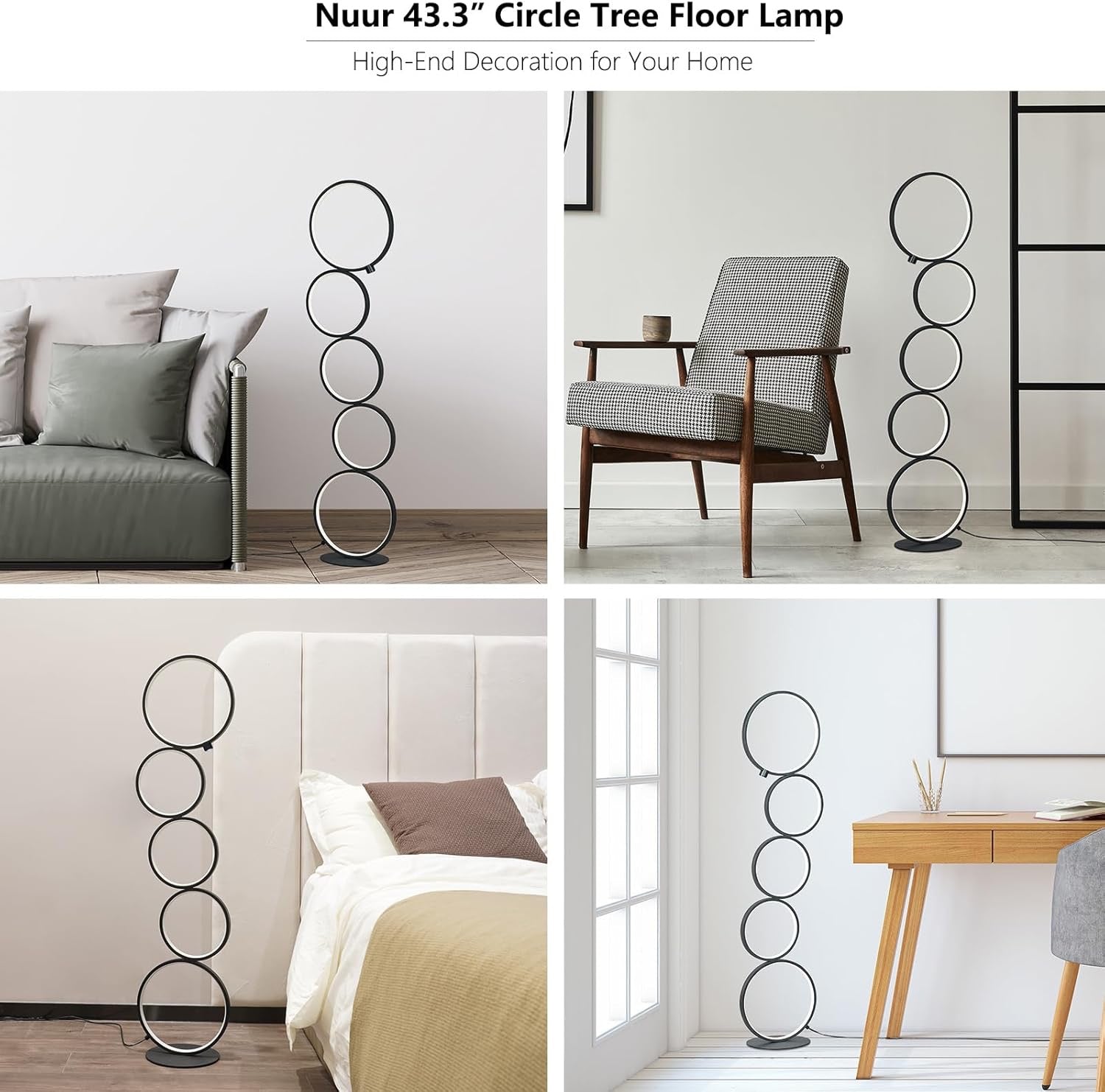 NUÜR 5-Ring LED Floor Lamp | Modern Sculptural Dimmable Circle Standing Lamp (43”)