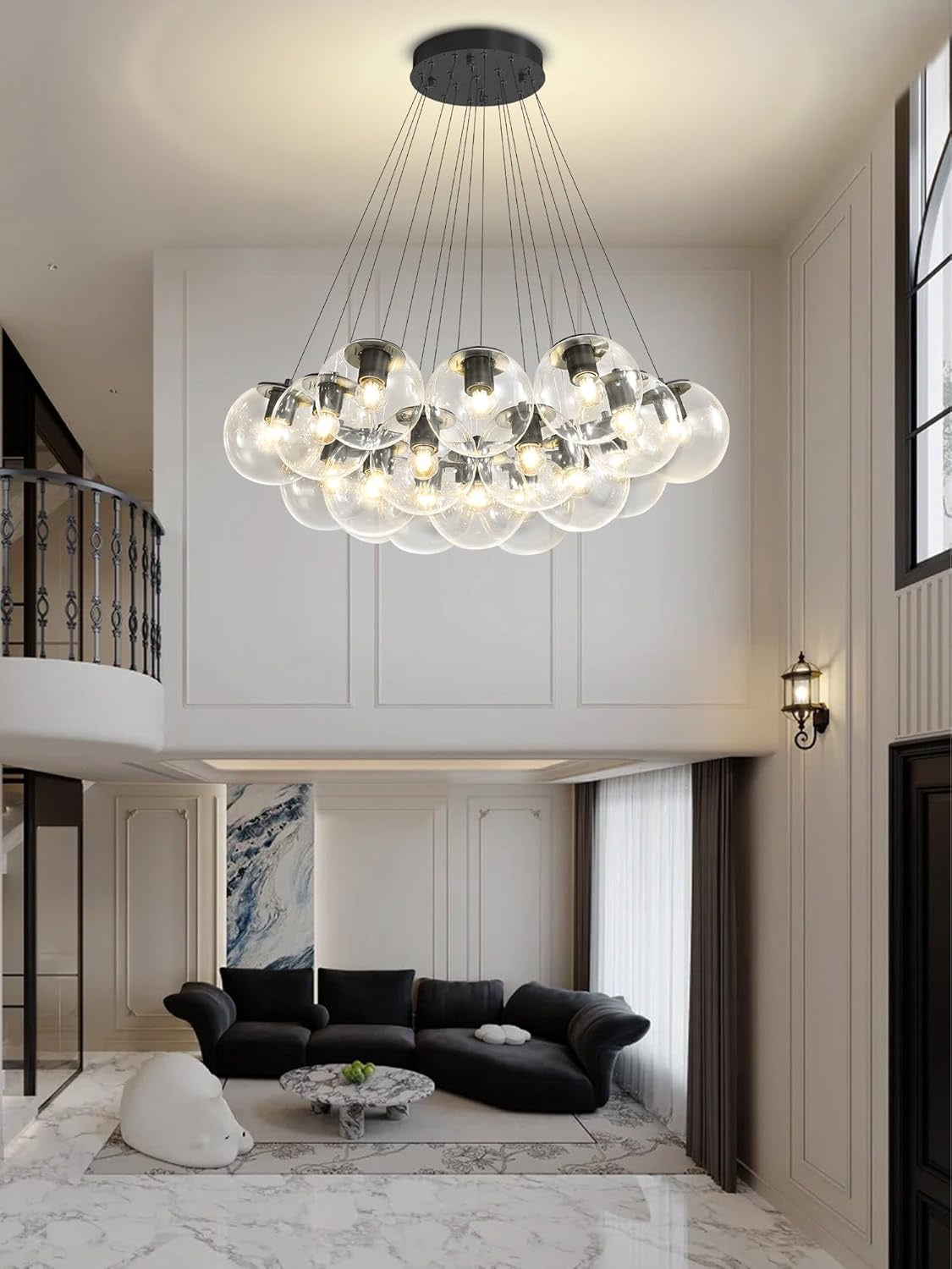Modern 19-Light Bubble Chandelier – Black Glass Globe Pendant Lighting for Living Room, Dining Room & Entryway
