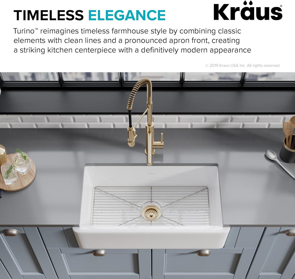 KRAUS Turino 33” Fireclay Farmhouse Kitchen Sink | Reversible Apron Front Single Bowl (Gloss White)