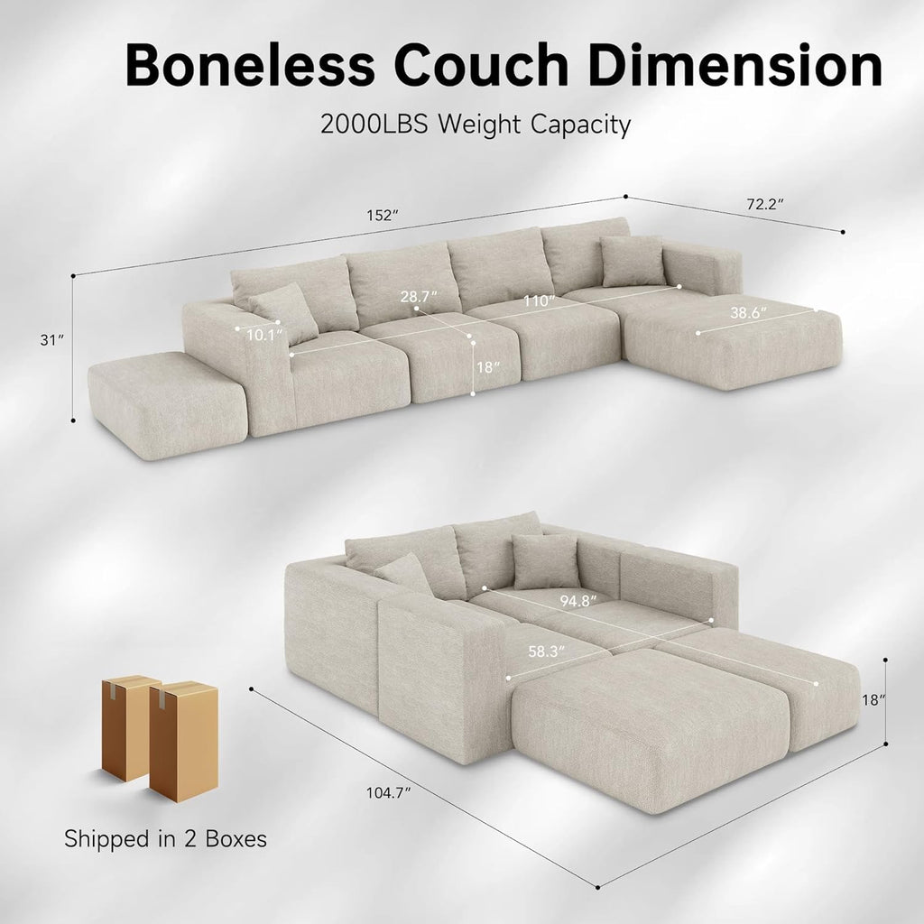 CUGOAO 152" Boneless Modular Sectional Sofa Bed | Oversized Cloud Couch Beige Chenille No Assembly