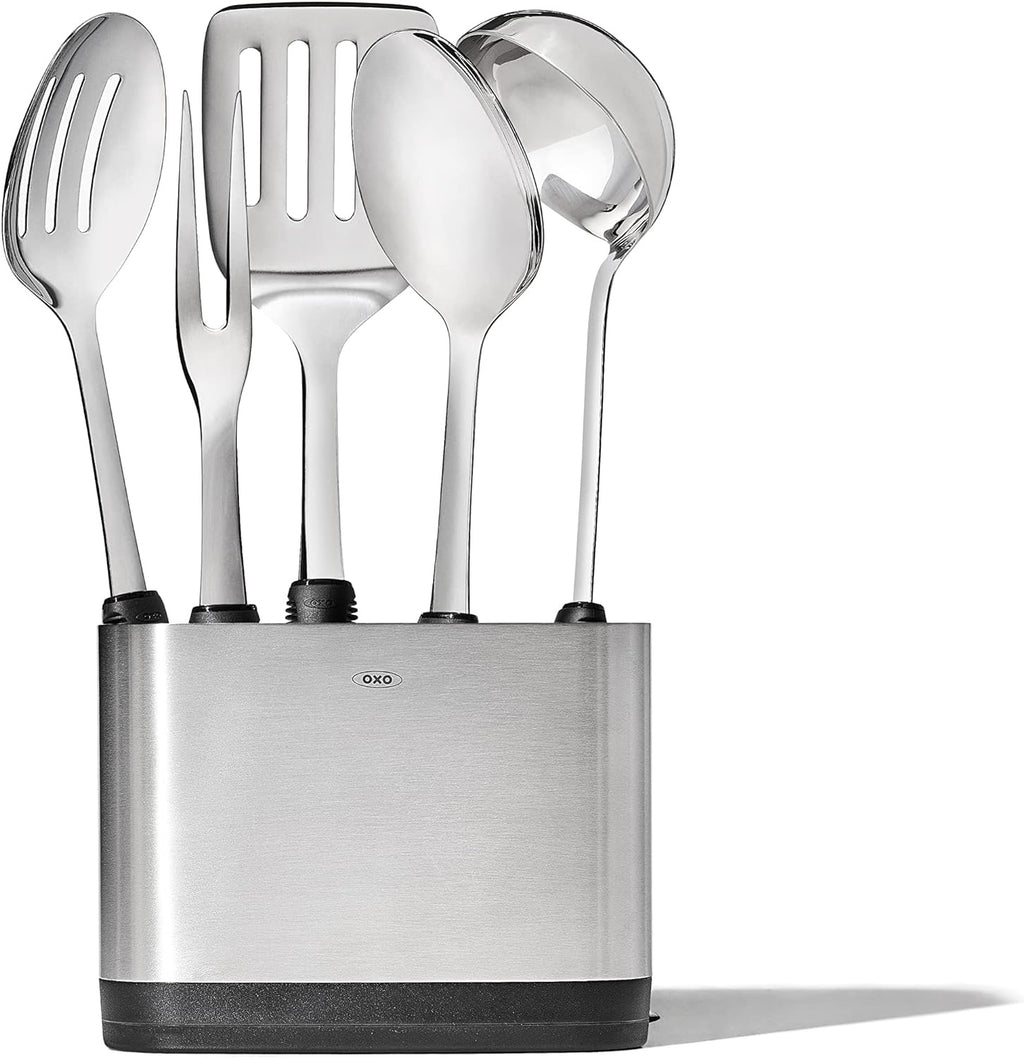 OXO Good Grips Stainless Steel Prep Serve Kitchen Tool Set 6 Piece Utensil Set with Holder Durable Modern