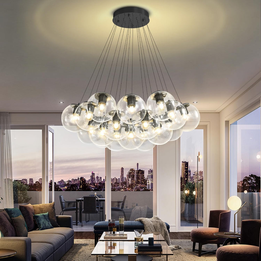 Modern 19-Light Bubble Chandelier – Black Glass Globe Pendant Lighting for Living Room, Dining Room & Entryway