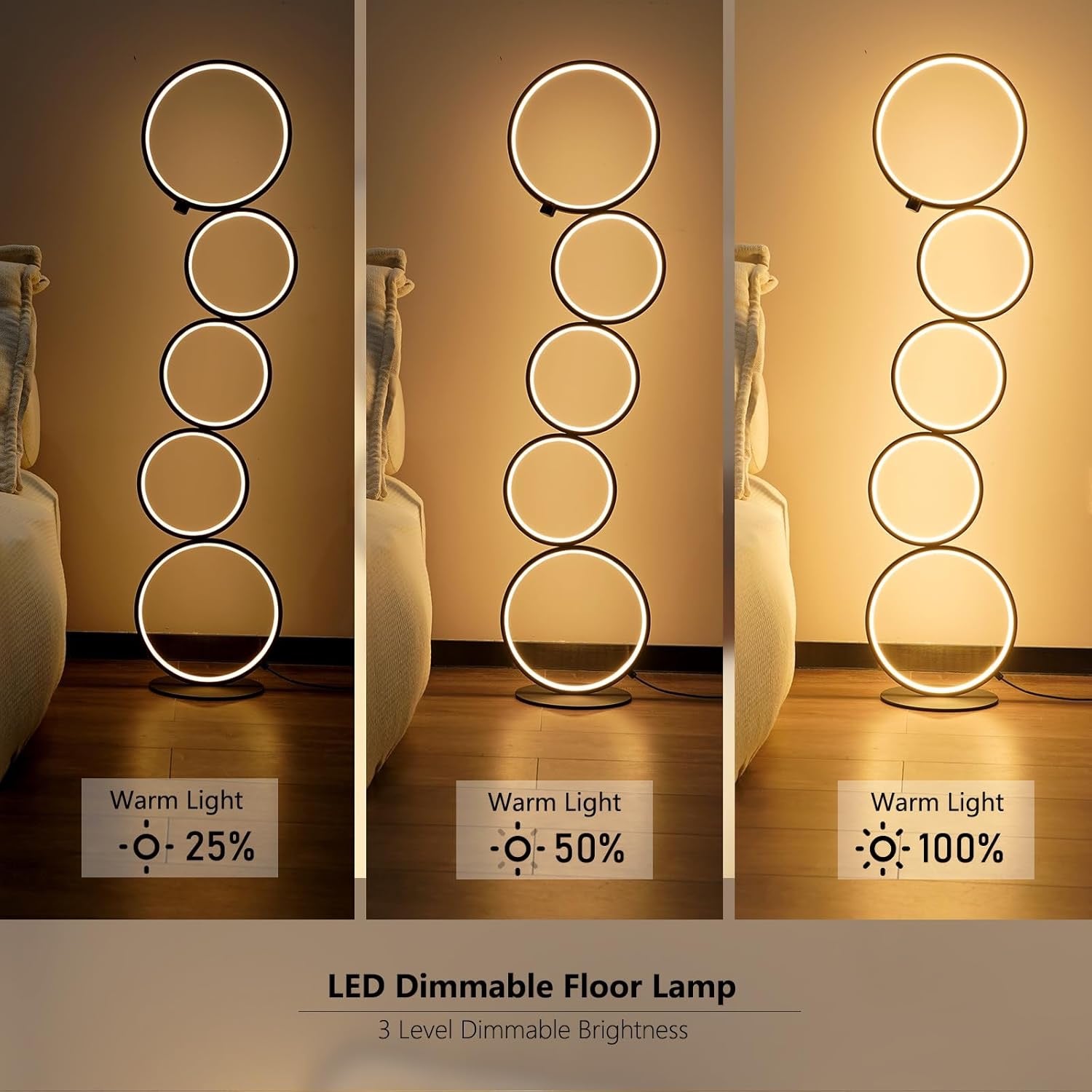 NUÜR 5-Ring LED Floor Lamp | Modern Sculptural Dimmable Circle Standing Lamp (43”)