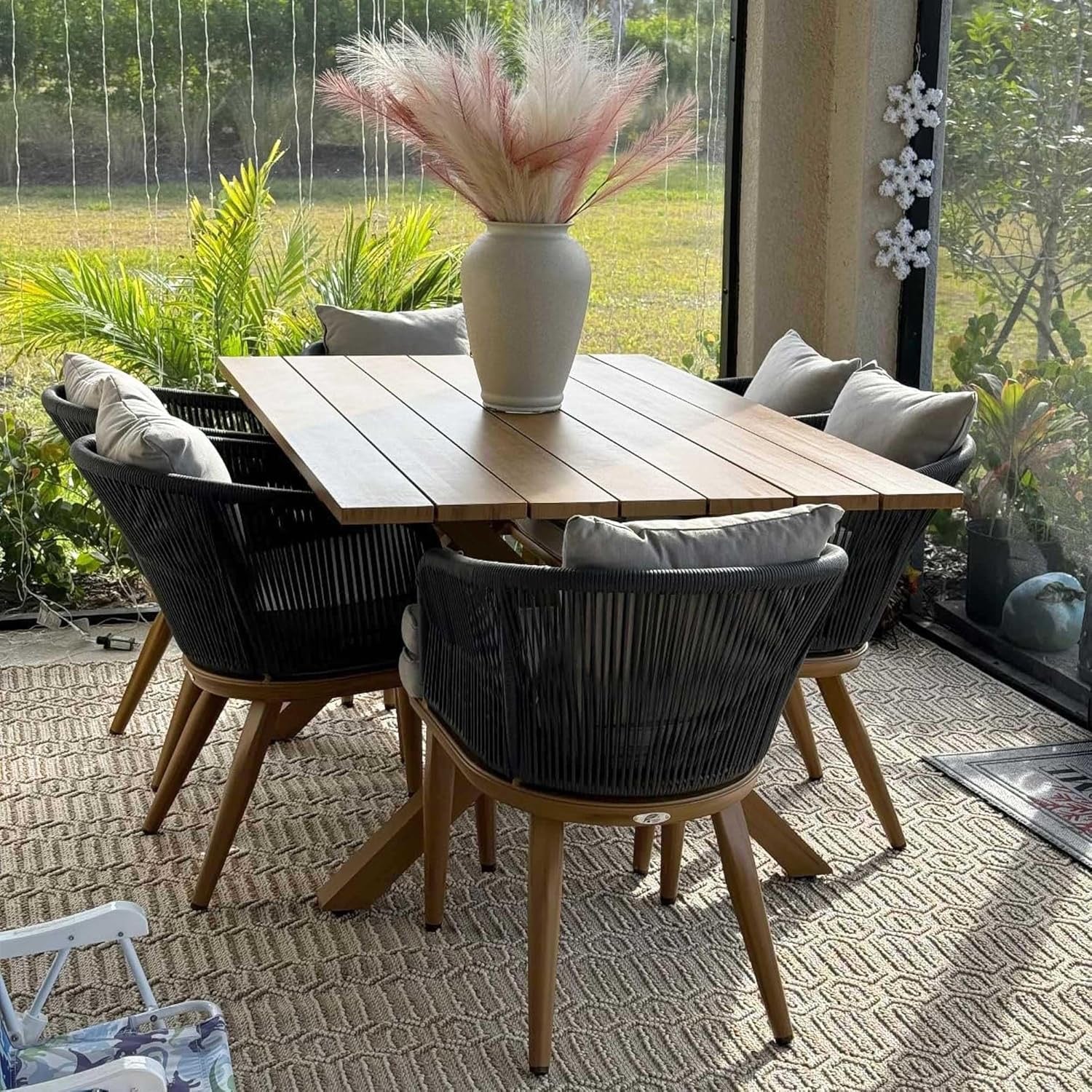 PURPLE LEAF 7‑Piece Patio Dining Set | All-Weather Wicker Outdoor Furniture with Cushions & Rectangular Table