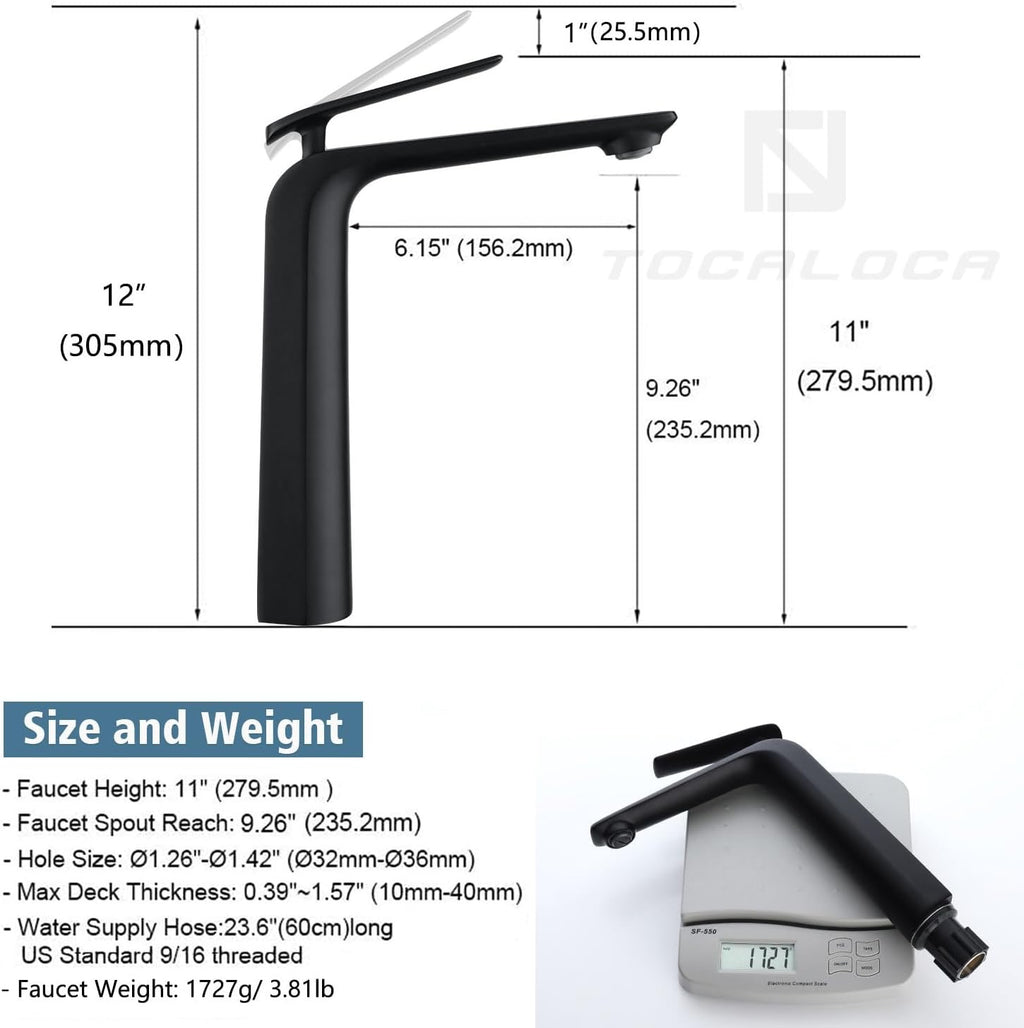 TOCALOCA Matte Black Tall Vessel Sink Faucet | Single Handle 1-Hole Bathroom Mixer Tap