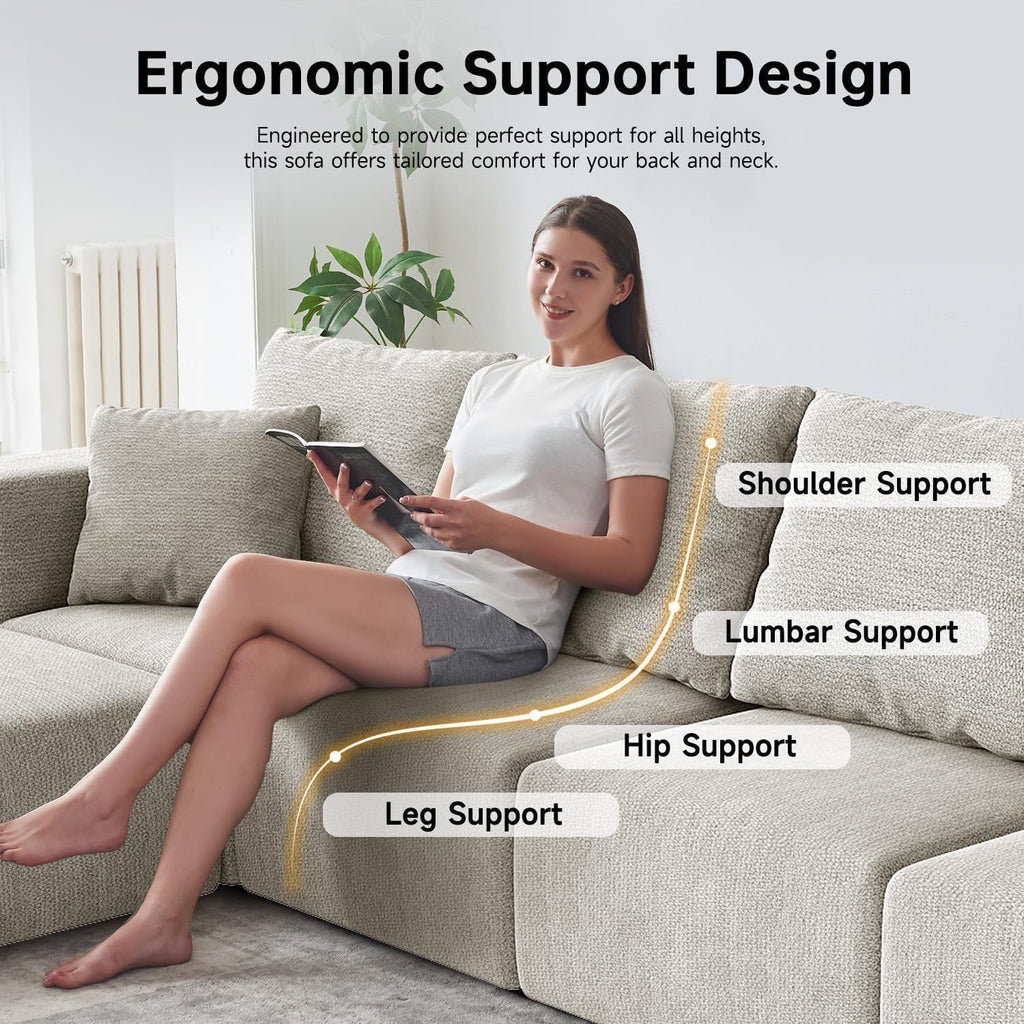 CUGOAO 152" Boneless Modular Sectional Sofa Bed | Oversized Cloud Couch Beige Chenille No Assembly