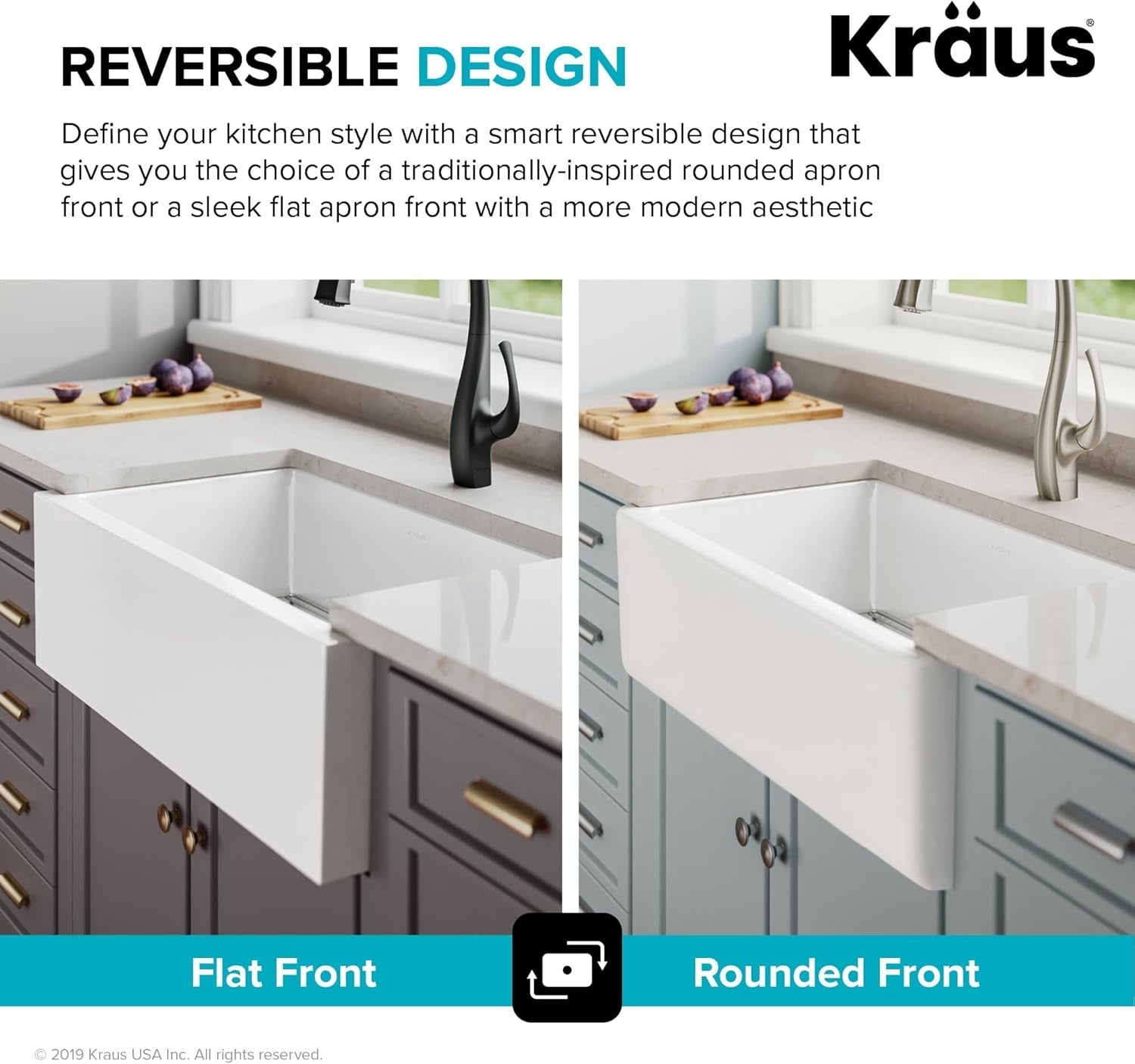 KRAUS Turino 33” Fireclay Farmhouse Kitchen Sink | Reversible Apron Front Single Bowl (Gloss White)