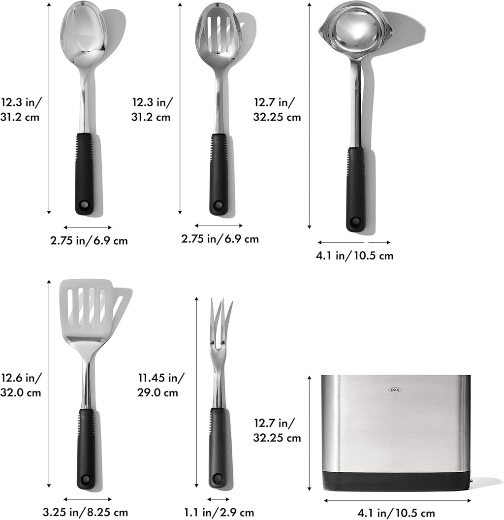 OXO Good Grips Stainless Steel Prep Serve Kitchen Tool Set 6 Piece Utensil Set with Holder Durable Modern
