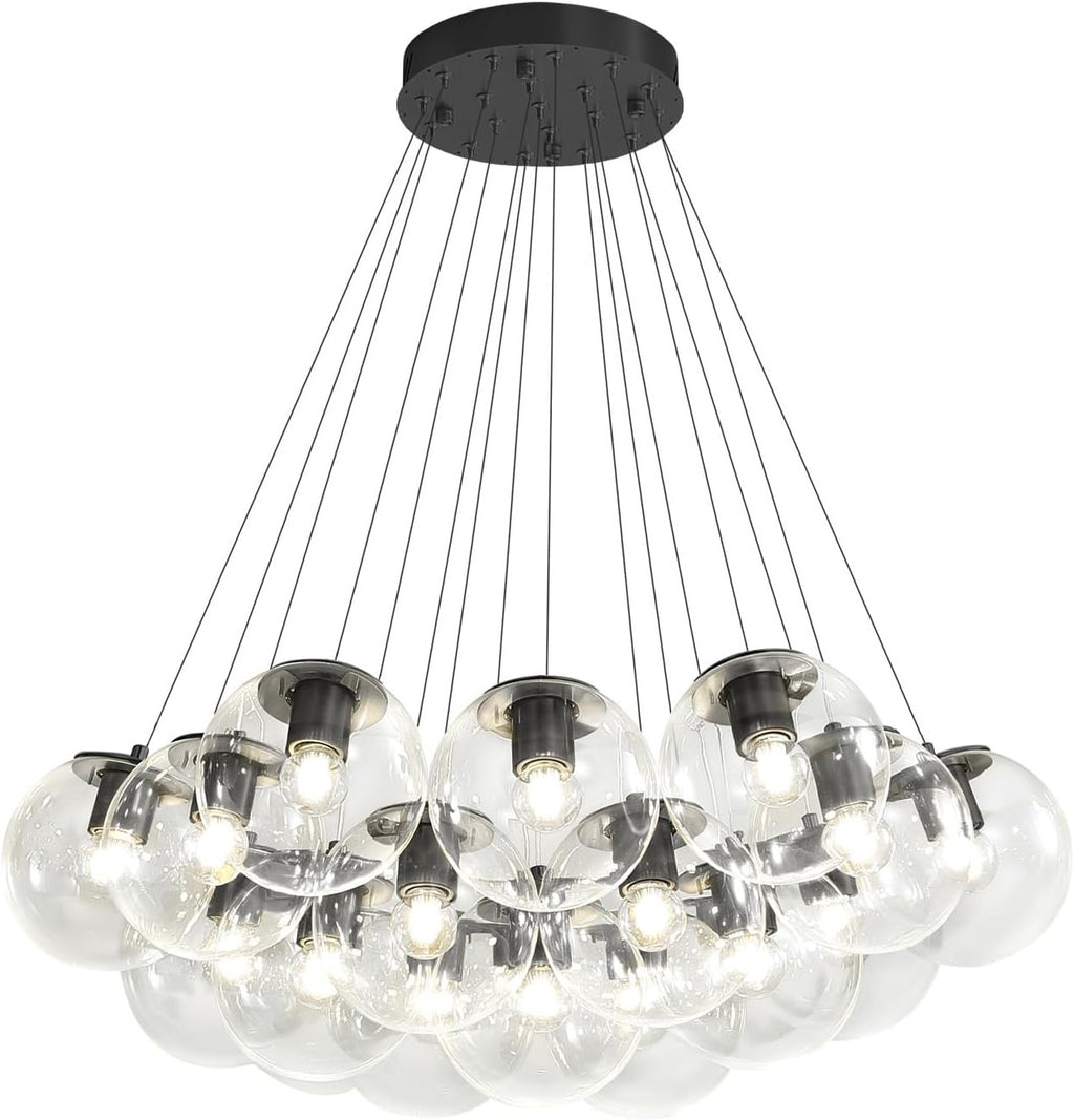 Modern 19-Light Bubble Chandelier – Black Glass Globe Pendant Lighting for Living Room, Dining Room & Entryway