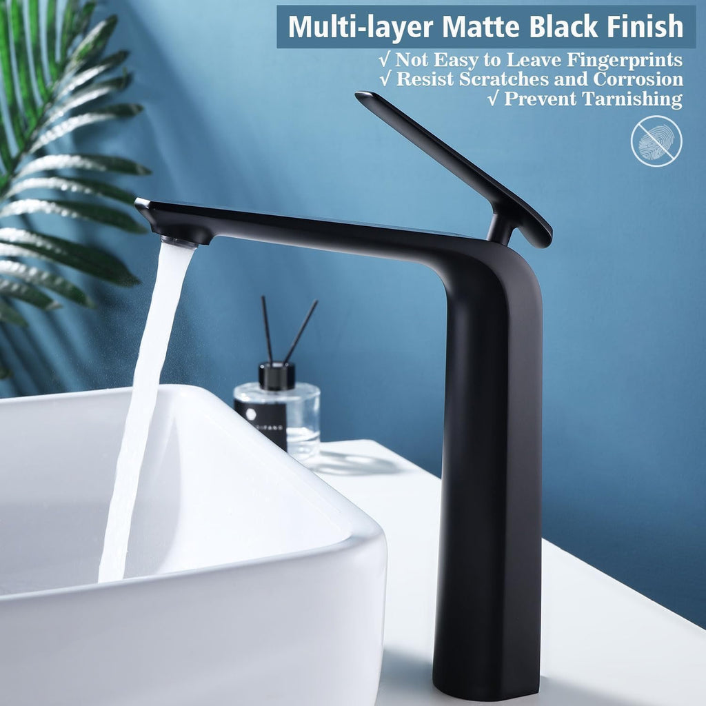 TOCALOCA Matte Black Tall Vessel Sink Faucet | Single Handle 1-Hole Bathroom Mixer Tap
