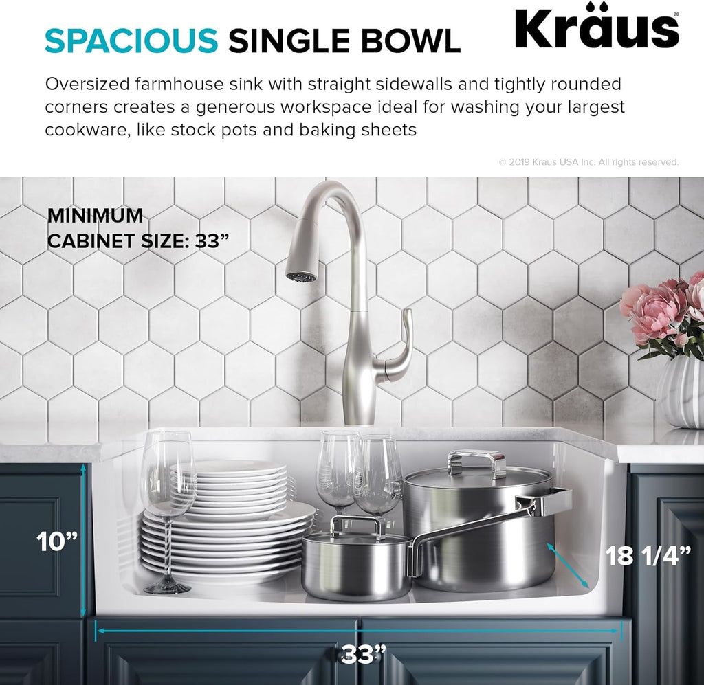 KRAUS Turino 33” Fireclay Farmhouse Kitchen Sink | Reversible Apron Front Single Bowl (Gloss White)
