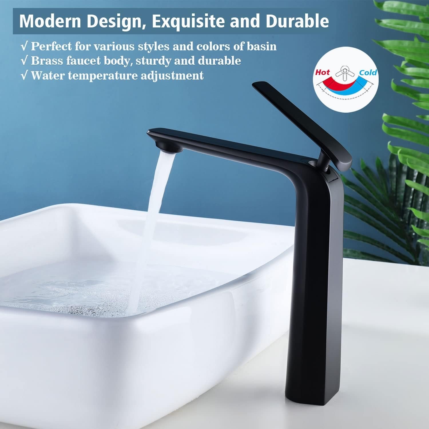 TOCALOCA Matte Black Tall Vessel Sink Faucet | Single Handle 1-Hole Bathroom Mixer Tap