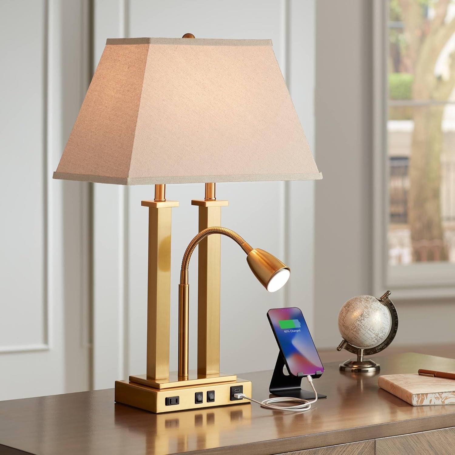 Possini Euro Design Deacon Desk Table Lamp | Antique Brass LED Lamp with USB & AC Outlet (26”)