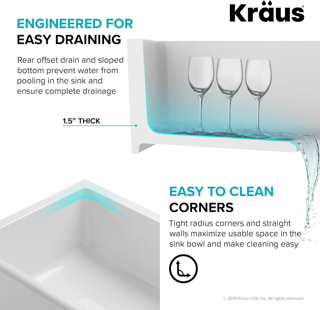KRAUS Turino 33” Fireclay Farmhouse Kitchen Sink | Reversible Apron Front Single Bowl (Gloss White)