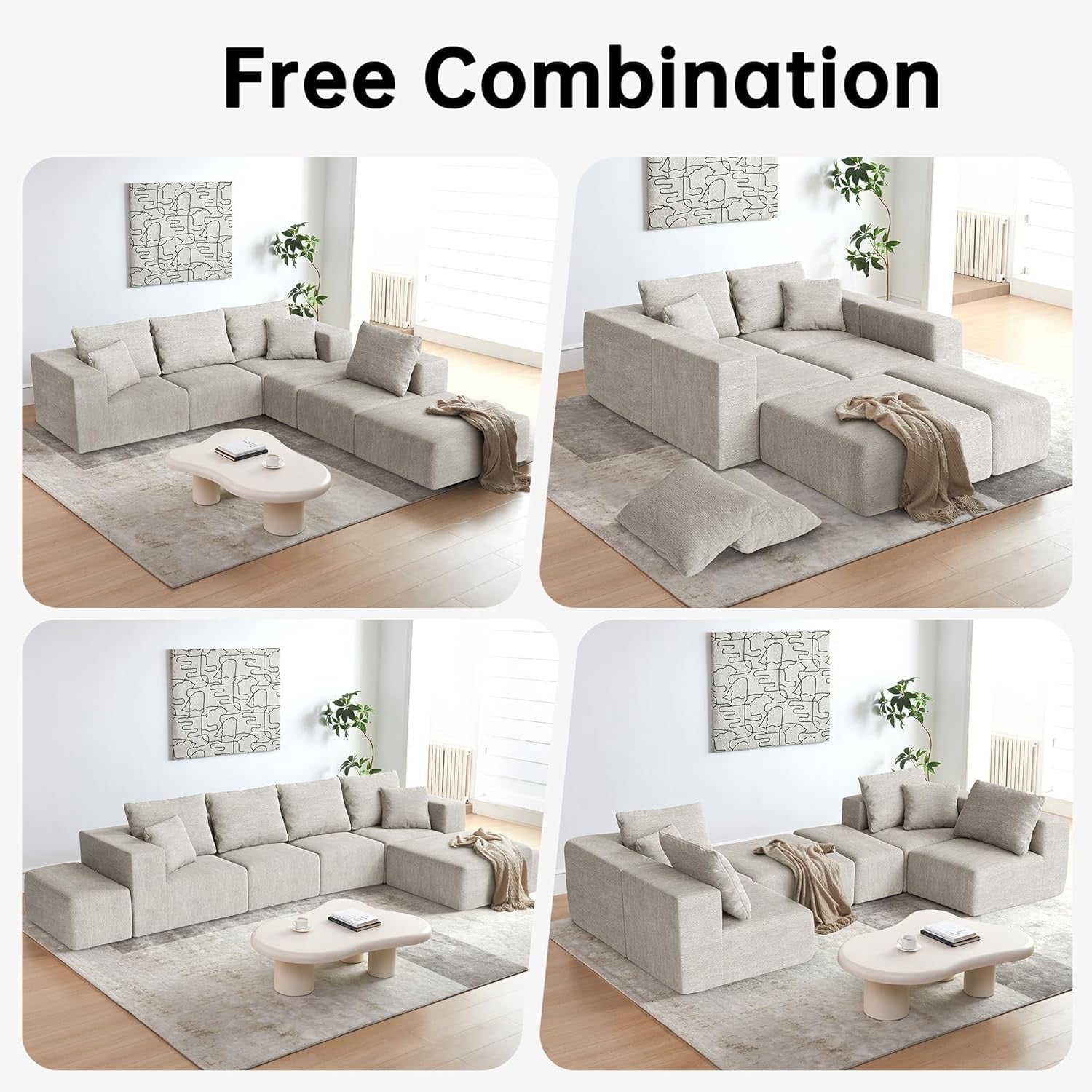 CUGOAO 152" Boneless Modular Sectional Sofa Bed | Oversized Cloud Couch Beige Chenille No Assembly