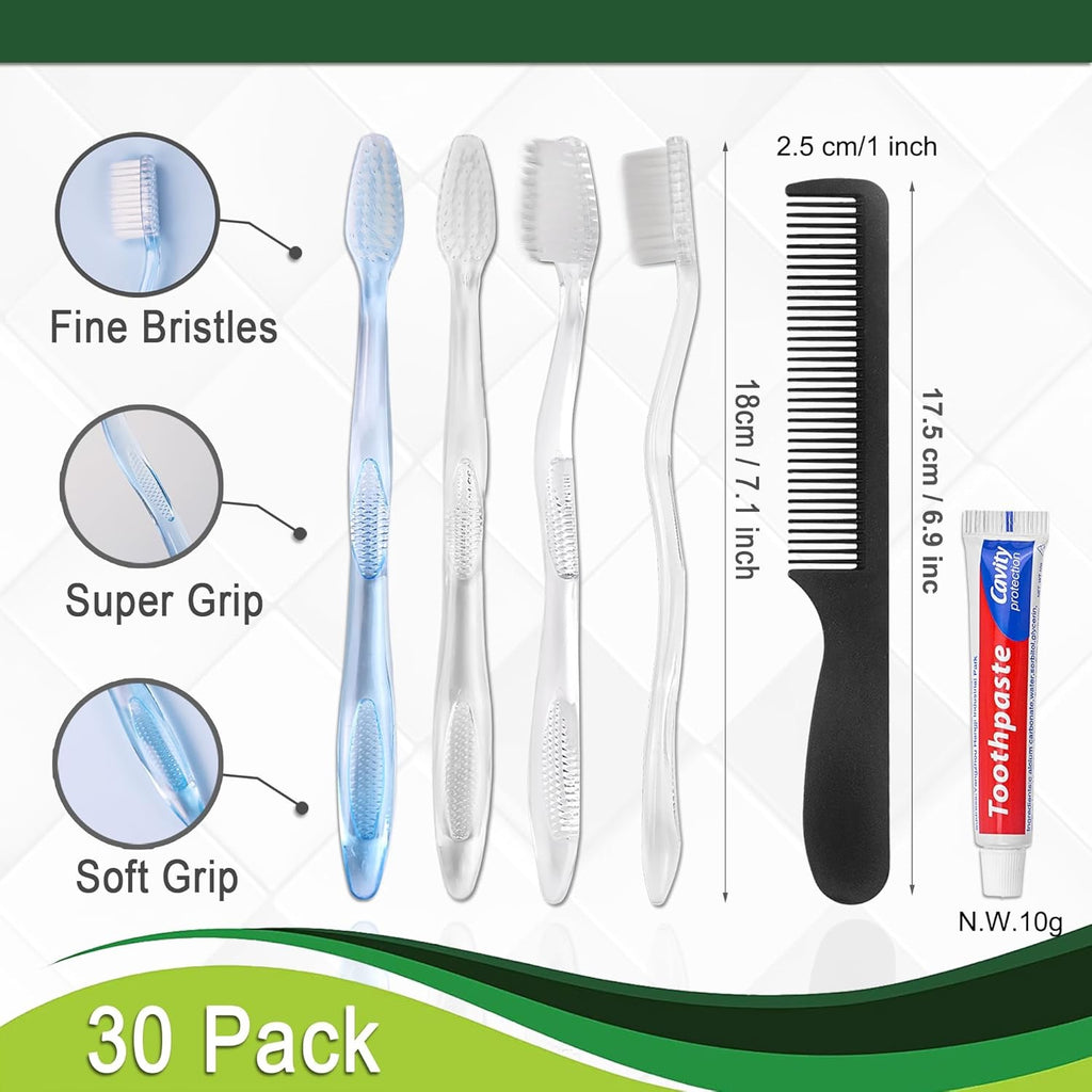 Disposable Travel Hygiene Kit (30-Pack) | Toothbrush, Toothpaste & Comb Set for Hotels, Airbnbs & Community Care