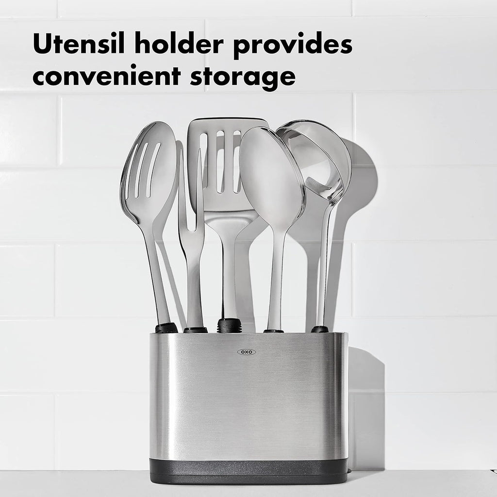 OXO Good Grips Stainless Steel Prep Serve Kitchen Tool Set 6 Piece Utensil Set with Holder Durable Modern